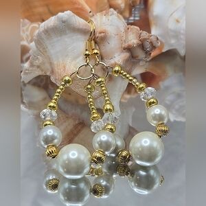 Elegant Handmade Gold and Pearl Dangle Hoop Earrings